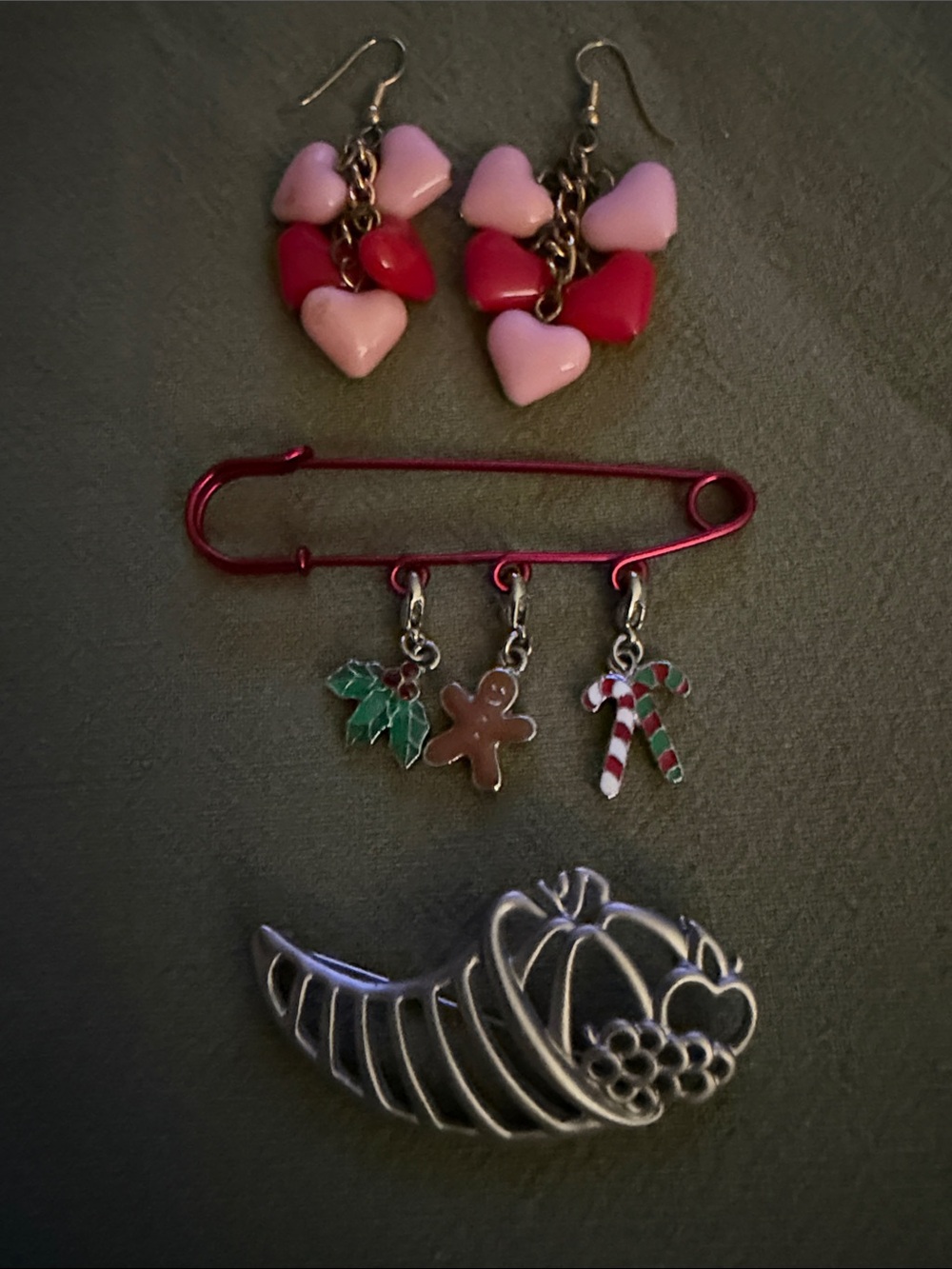 Heart Dangle Earrings & Festive Charm Brooch Set